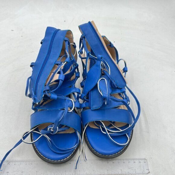 YDN Blue Knee High Lace up Flats Fringe Low Heel Gladiator Strap Sandals Shoe - Picture 3 of 8